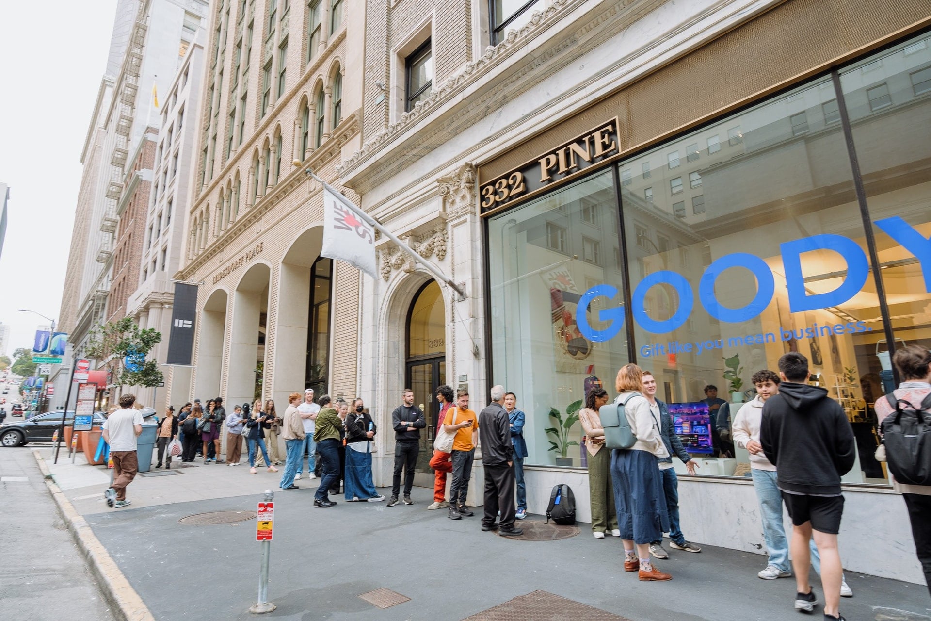 Guests gathering outside the Goody showroom on Pine Street