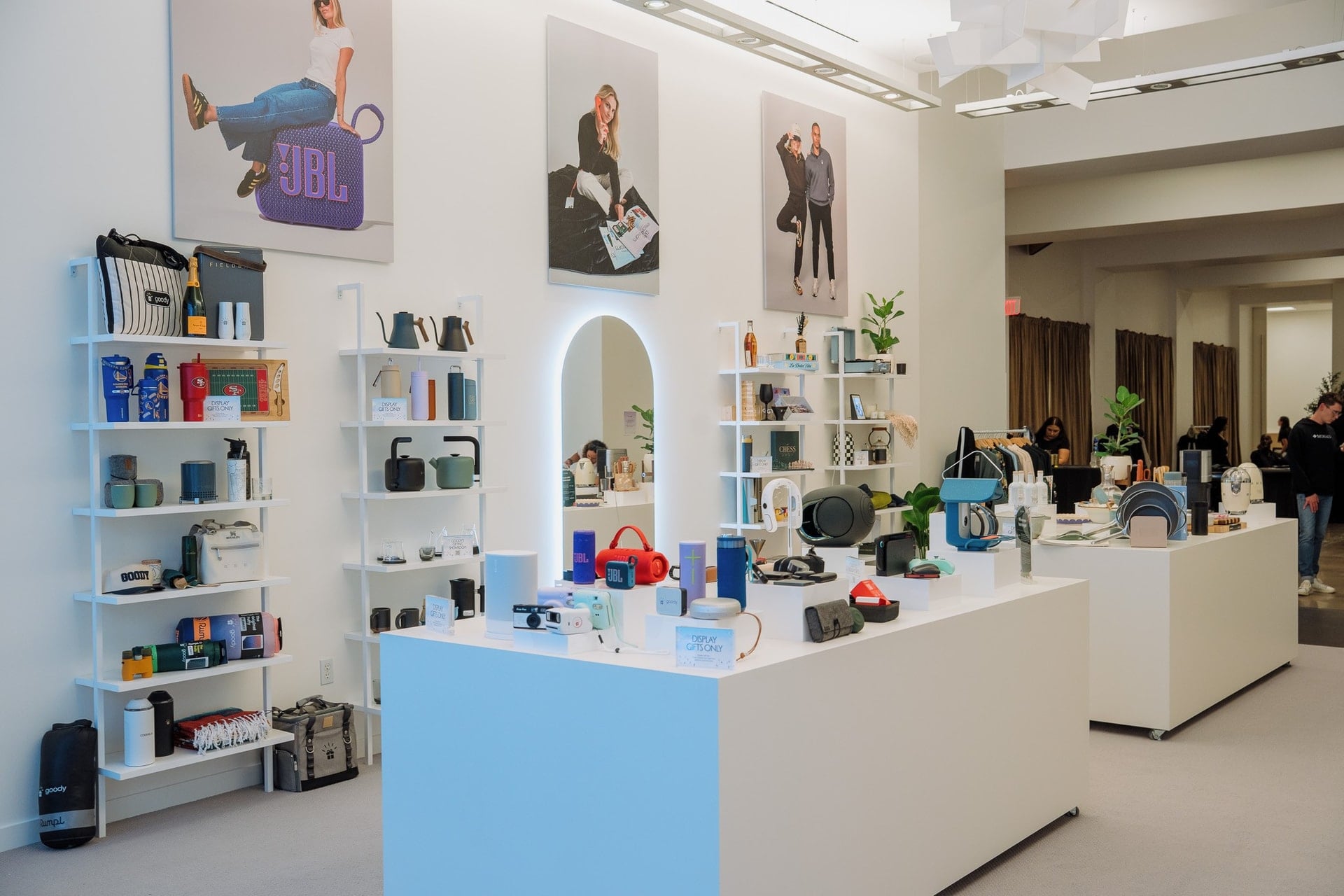 Gift displays and product shelves inside Goody's showroom